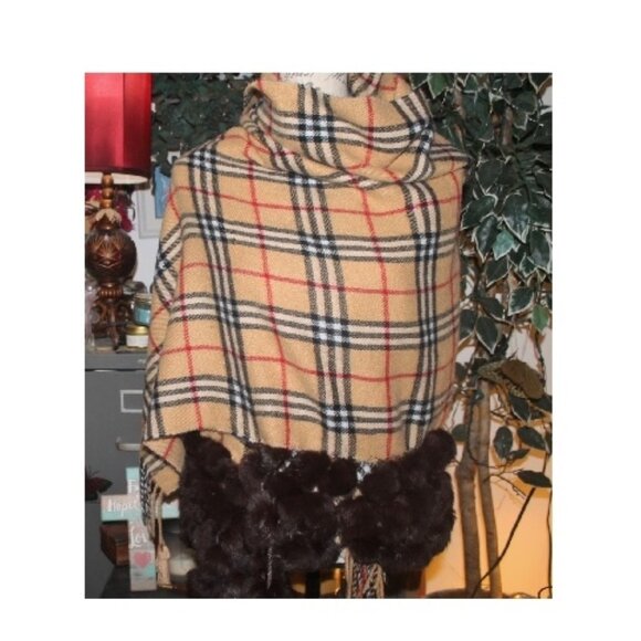 Handmade Accessories - Nova Check Tartan Plaid Wrap w Fringe and Genuine Rabbit Fur Bottom Sz OS S M L
